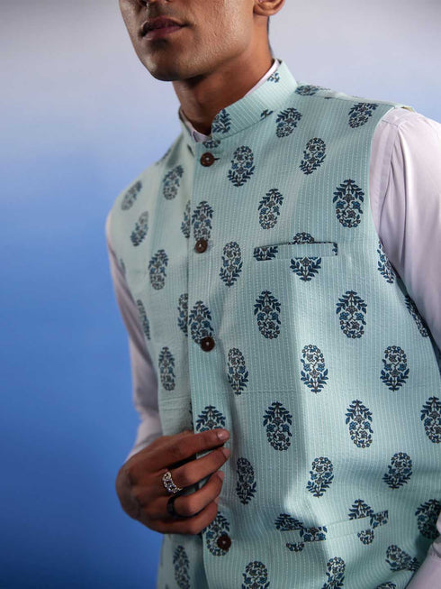 Vastramay Men's Mint Green Ethnic Motif Printed Nehru jacket